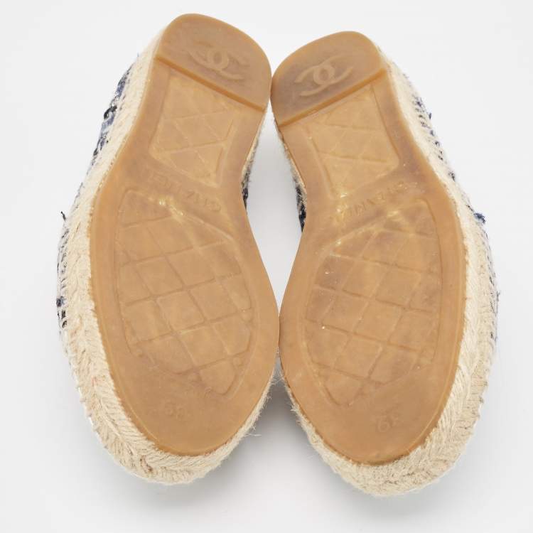 Pre Owned Chanel Multicolor Tweed and Leather  CC  Cap Toe Espadrille Flats Size 39
