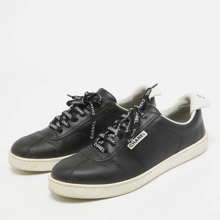Chanel Black Leather Logo Lace Up CC Low Top Sneakers Size