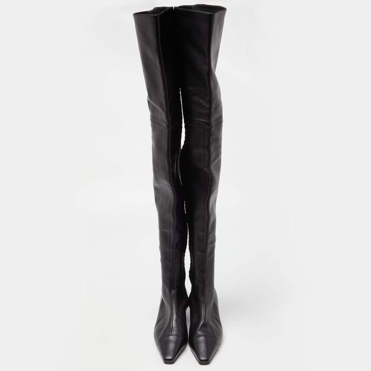 Pre Owned Chanel Black Leather Thigh High Boots Size 37