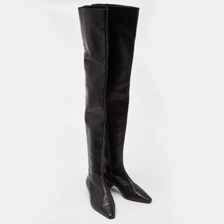 Pre Owned Chanel Black Leather Thigh High Boots Size 37