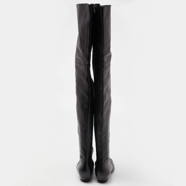 Pre Owned Chanel Black Leather Thigh High Boots Size 37