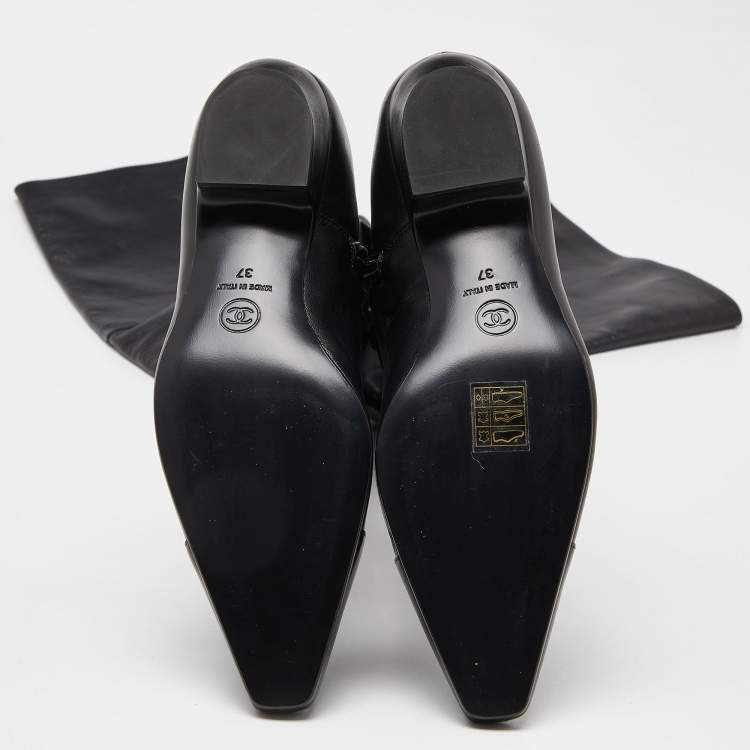 Pre Owned Chanel Black Leather Thigh High Boots Size 37