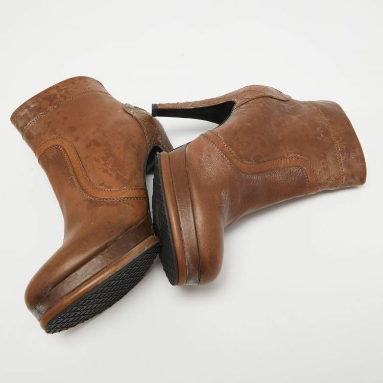 Pre Owned Chanel Brown Quilted Leather Zip Platform Ankle Boots Size 40 