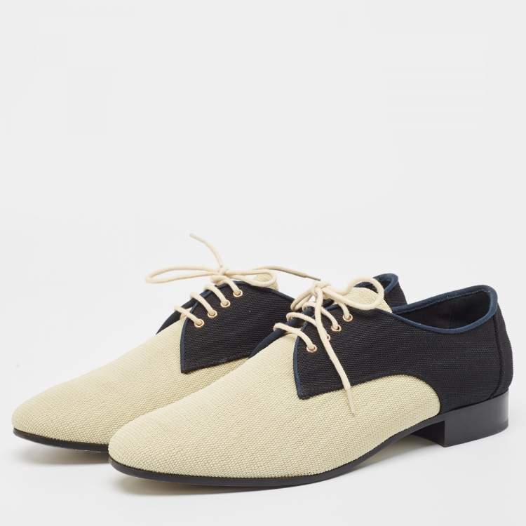 Pre Owned Chanel Black/Cream Canvas CC Lace Up Derby  Size 38.5