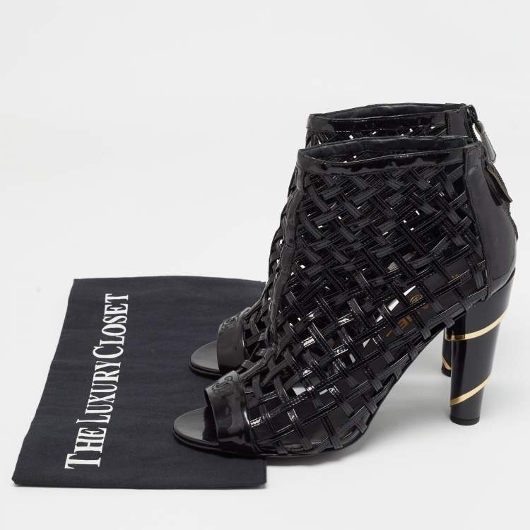 Pre Owned Chanel Black Patent Leather Open Toe Cage Ankle Boots Size 40