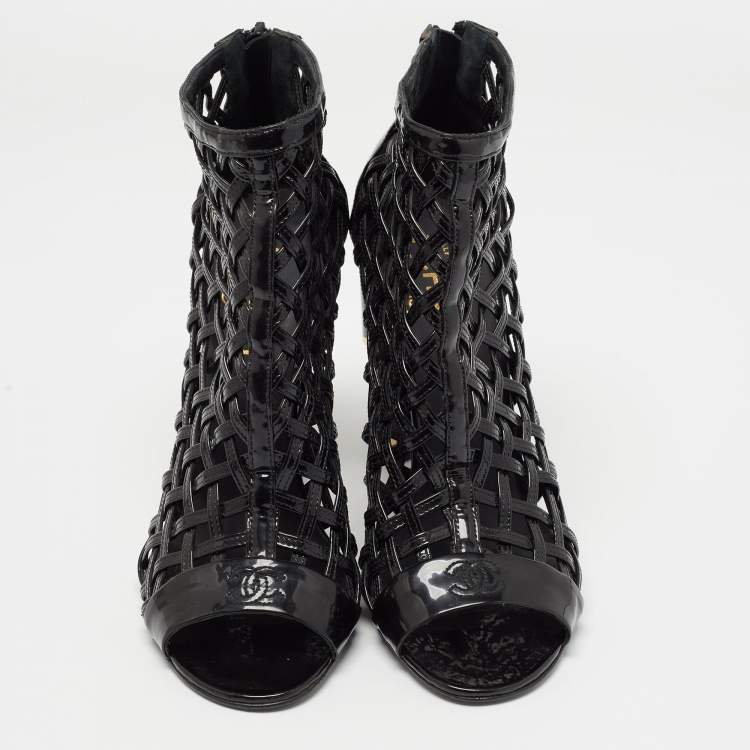 Pre Owned Chanel Black Patent Leather Open Toe Cage Ankle Boots Size 40