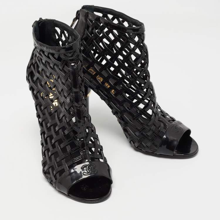 Pre Owned Chanel Black Patent Leather Open Toe Cage Ankle Boots Size 40