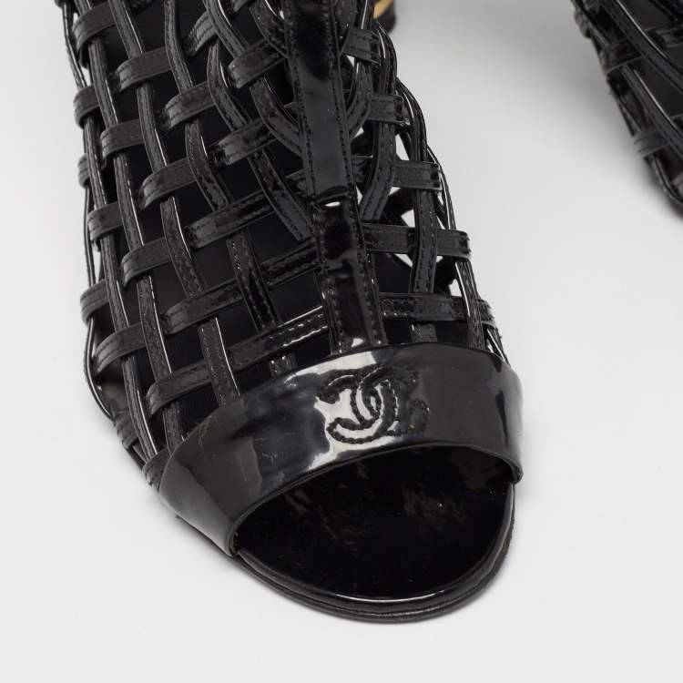 Pre Owned Chanel Black Patent Leather Open Toe Cage Ankle Boots Size 40