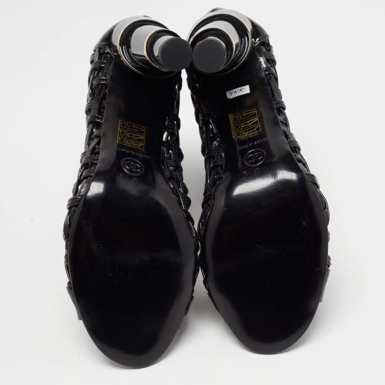 Pre Owned Chanel Black Patent Leather Open Toe Cage Ankle Boots Size 40