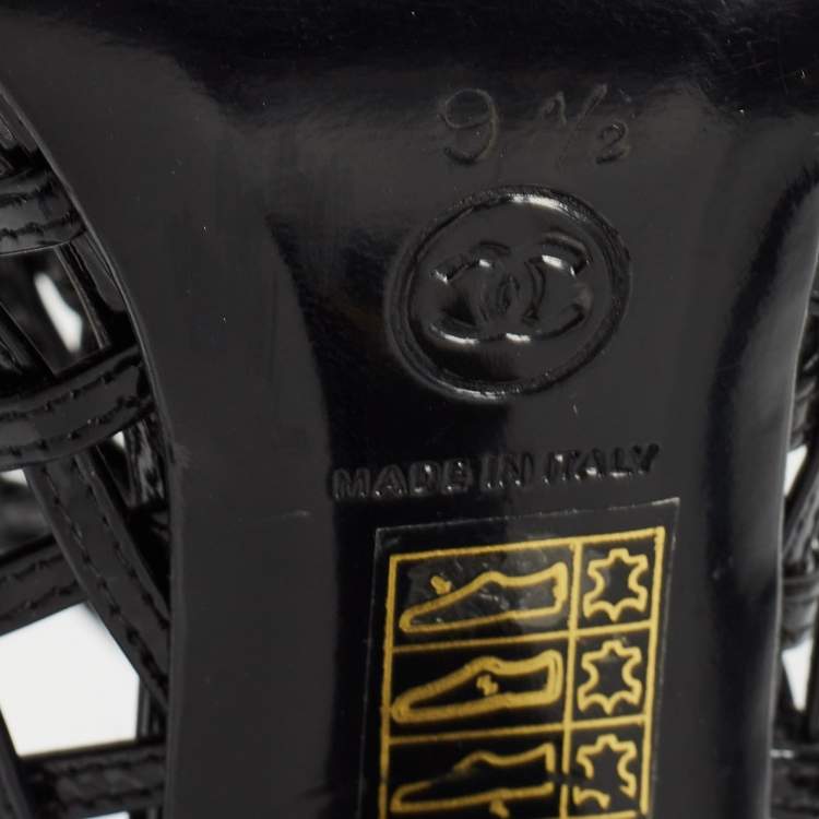 Pre Owned Chanel Black Patent Leather Open Toe Cage Ankle Boots Size 40