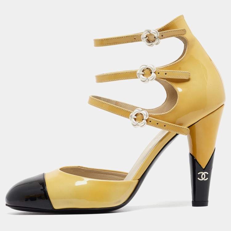 Pre Owned Chanel Beige/Black Patent Camellia Ankle Strap Pumps Size 38.5   