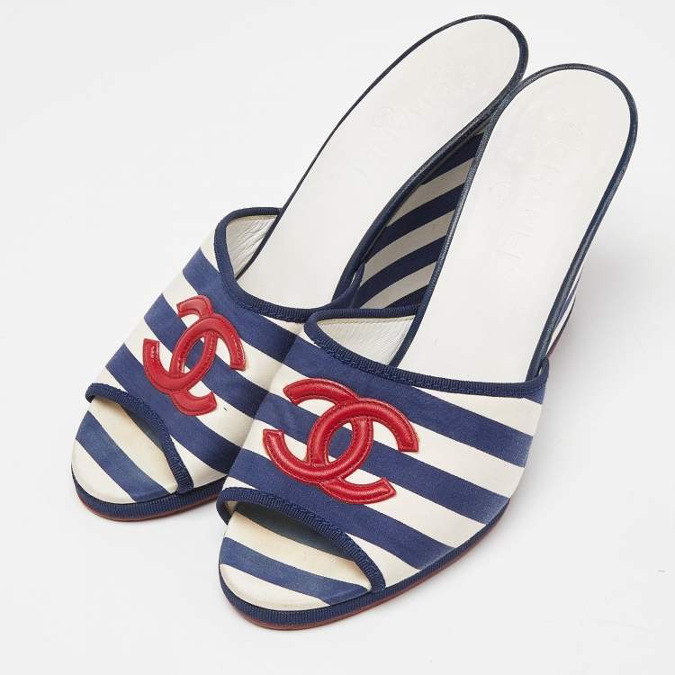 Chanel Blue/White Stripe Fabric CC Slide Wedge Sandals Size 39.5