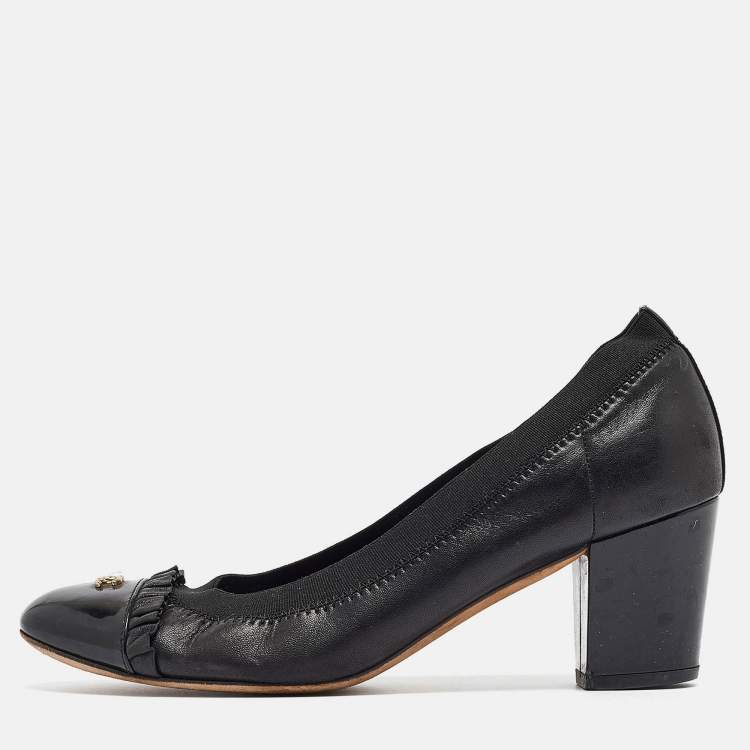 Pre Owned Chanel Black Leather And Elastic Cap Toe Pumps Size 37