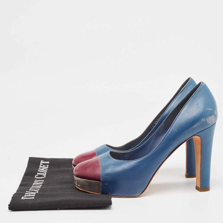 Pre Owned Chanel Blue/Burgundy Leather Platform Pumps Size 39.5