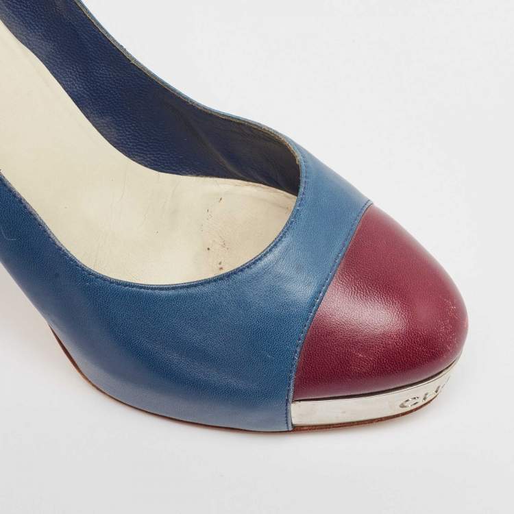 Pre Owned Chanel Blue/Burgundy Leather Platform Pumps Size 39.5