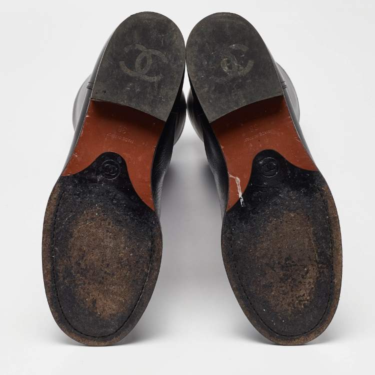 Pre Owned Chanel Black Leather CC Cap Toe Knee Length Boots Size 38