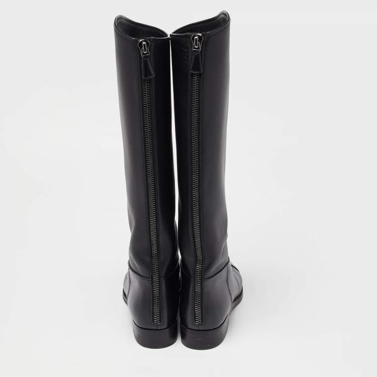 Pre Owned Chanel Black Leather CC Cap Toe Knee Length Boots Size 38