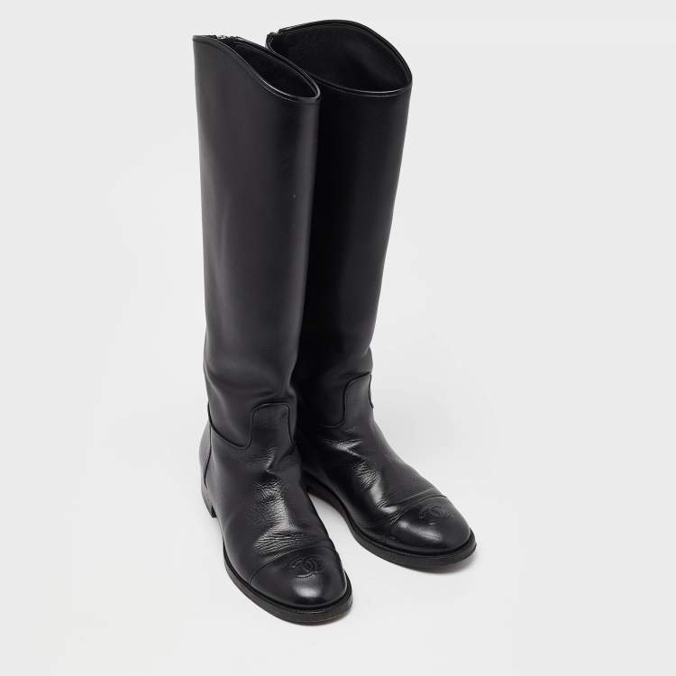 Pre Owned Chanel Black Leather CC Cap Toe Knee Length Boots Size 38