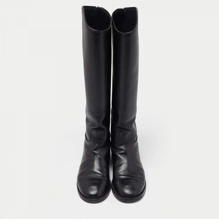 Pre Owned Chanel Black Leather CC Cap Toe Knee Length Boots Size 38