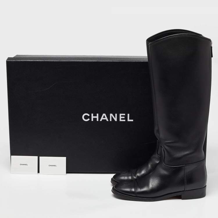 Pre Owned Chanel Black Leather CC Cap Toe Knee Length Boots Size 38
