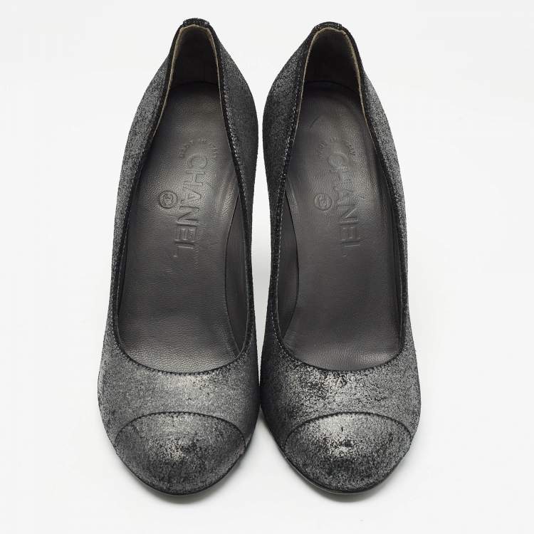 Pre Owned Chanel Grey Texture Suede Cap Toe Pumps Size 37
