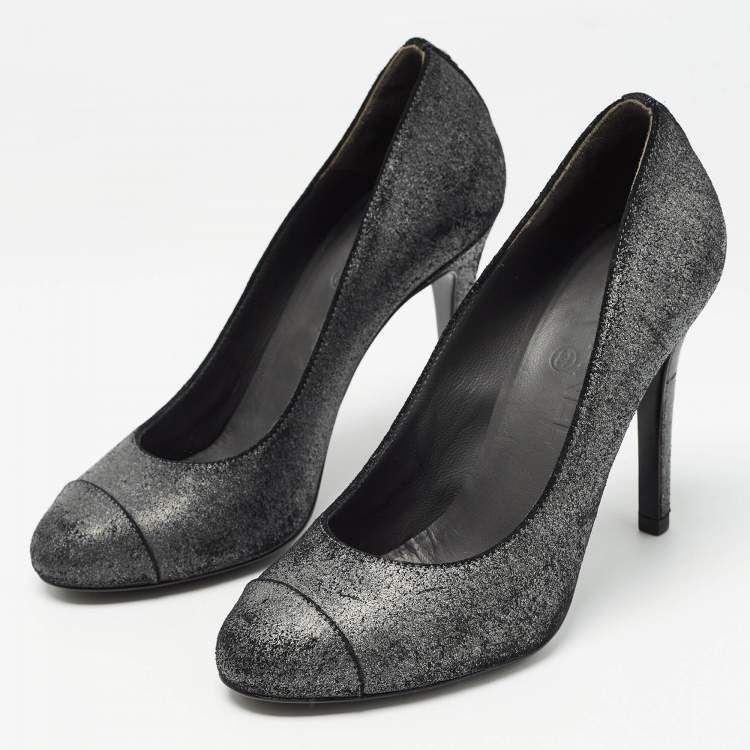 Pre Owned Chanel Grey Texture Suede Cap Toe Pumps Size 37