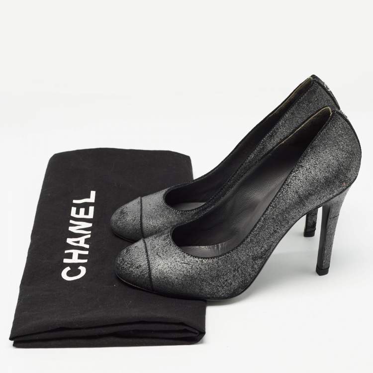 Pre Owned Chanel Grey Texture Suede Cap Toe Pumps Size 37