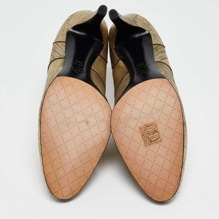 Pre Owned Chanel Metallic Gold Lizard Embossed Interlocking CC Logo Boots Size 39