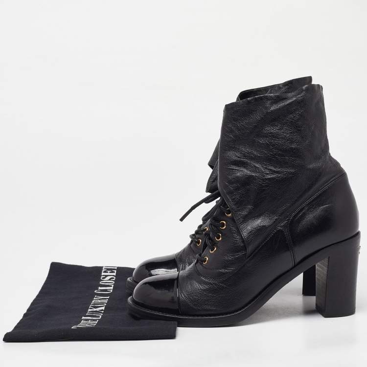 Pre Owned Chanel Black Leather CC Block Heel Ankle Tie Booties Size 36.5