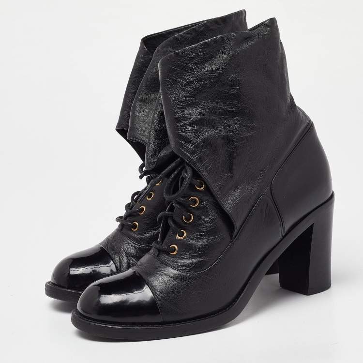 Pre Owned Chanel Black Leather CC Block Heel Ankle Tie Booties Size 36.5