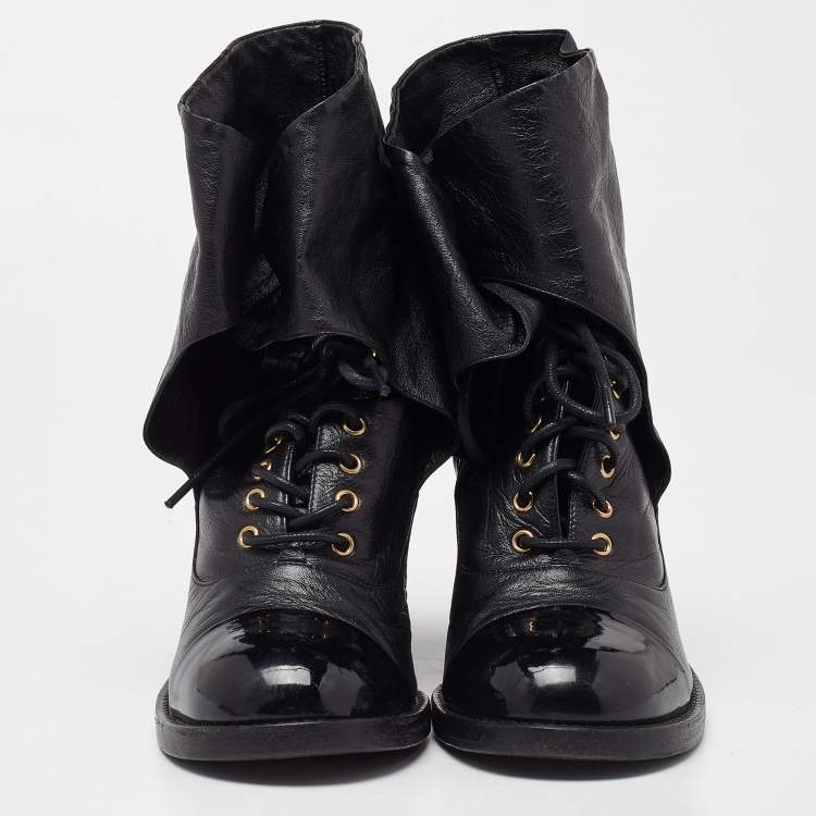 Pre Owned Chanel Black Leather CC Block Heel Ankle Tie Booties Size 36.5