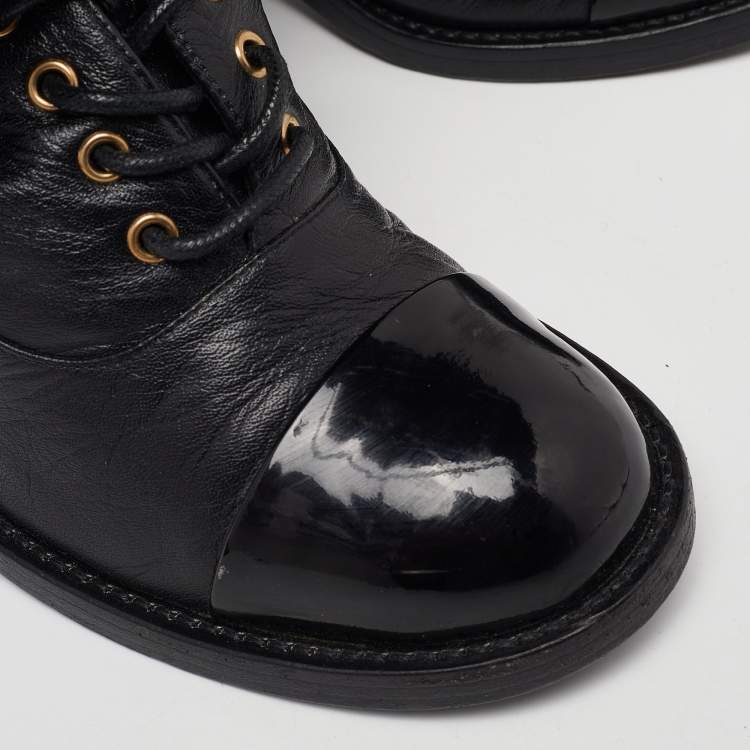 Pre Owned Chanel Black Leather CC Block Heel Ankle Tie Booties Size 36.5