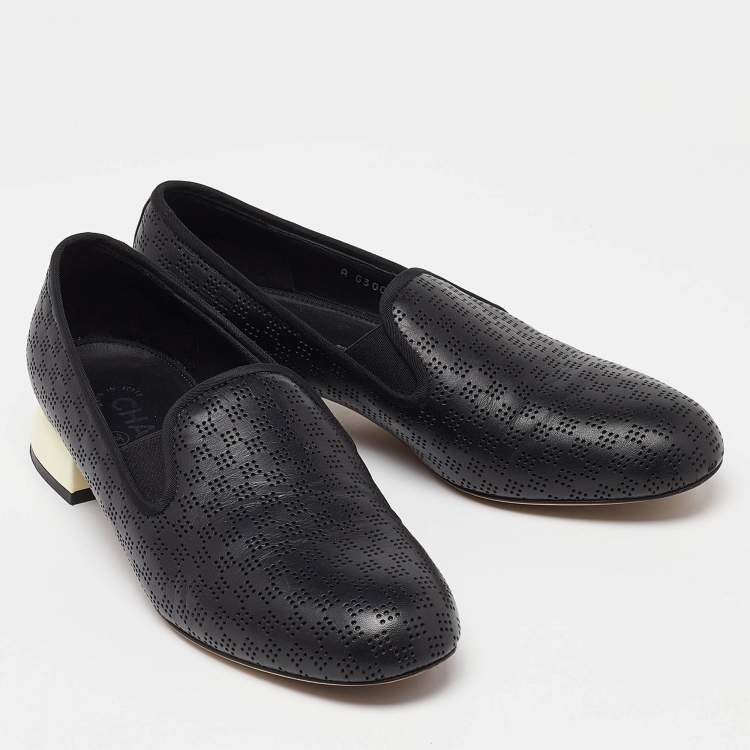 Pre Owned Chanel Black Perforated Leather CC Slip On Loafers Size 38.5