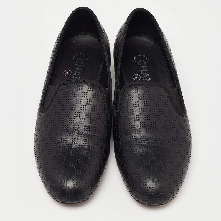 Pre Owned Chanel Black Perforated Leather CC Slip On Loafers Size 38.5