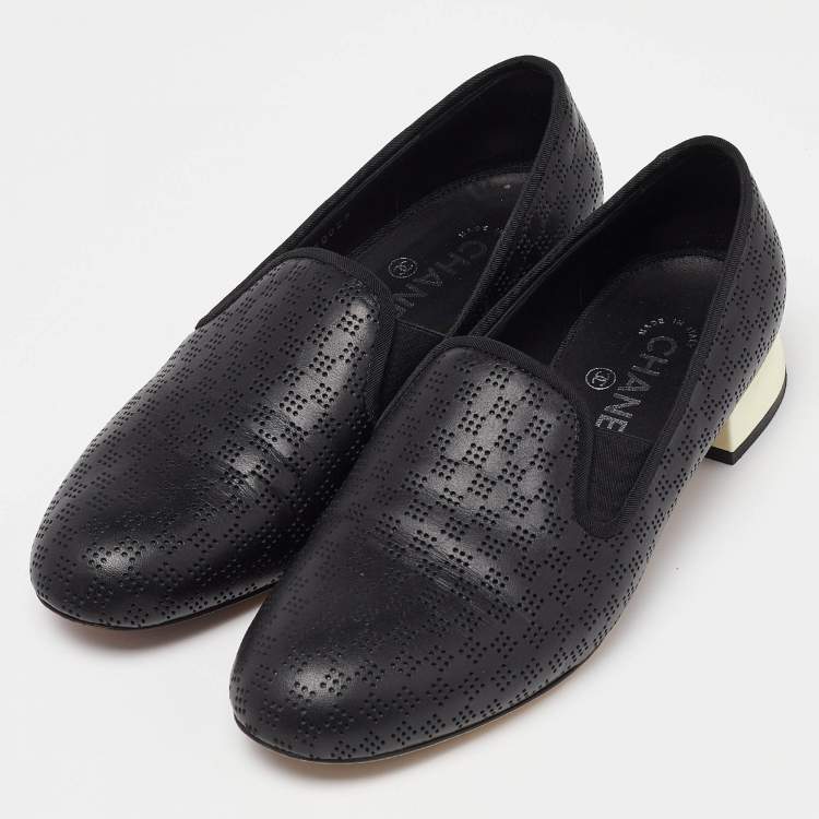 Pre Owned Chanel Black Perforated Leather CC Slip On Loafers Size 38.5