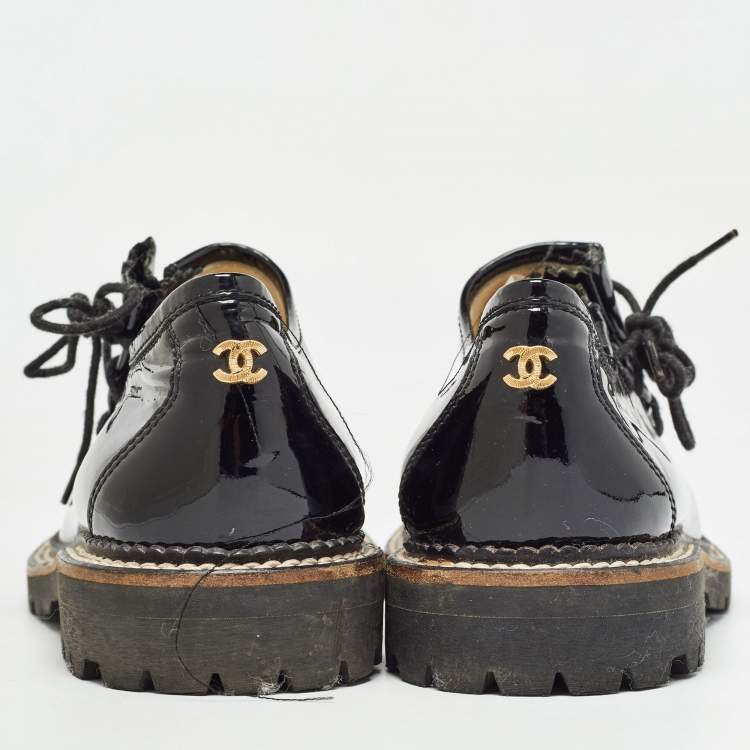 Pre Owned Chanel Black Patent Lace Up Oxfords Size 36.5