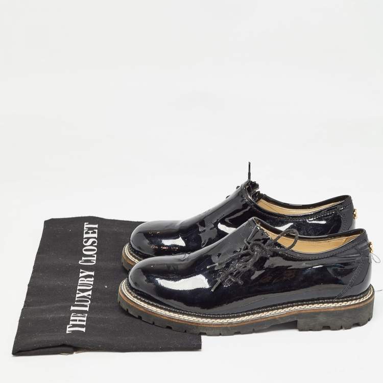 Pre Owned Chanel Black Patent Lace Up Oxfords Size 36.5