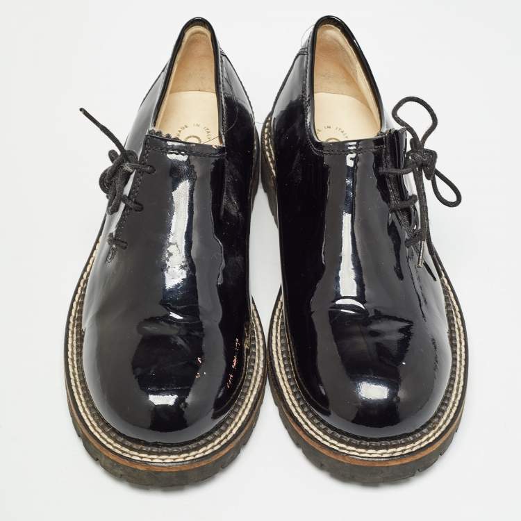 Pre Owned Chanel Black Patent Lace Up Oxfords Size 36.5
