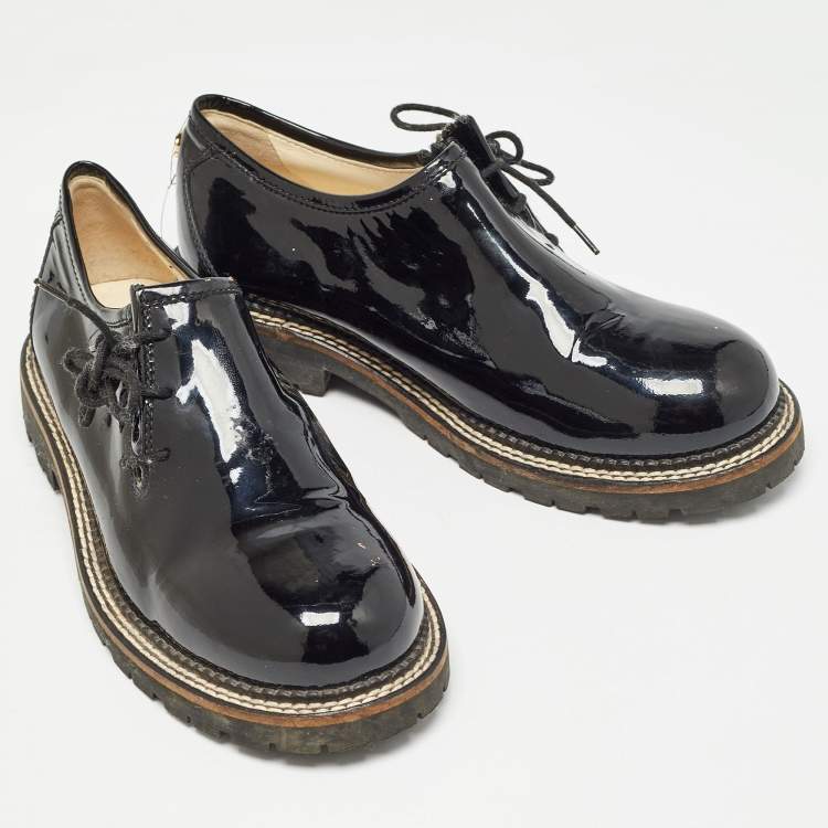 Pre Owned Chanel Black Patent Lace Up Oxfords Size 36.5