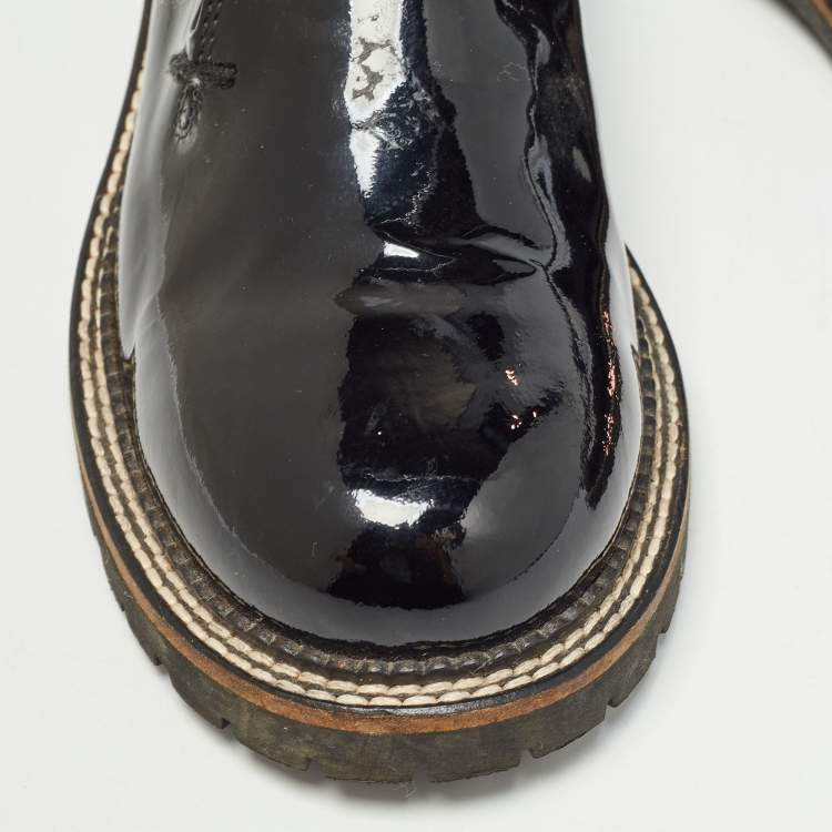 Pre Owned Chanel Black Patent Lace Up Oxfords Size 36.5