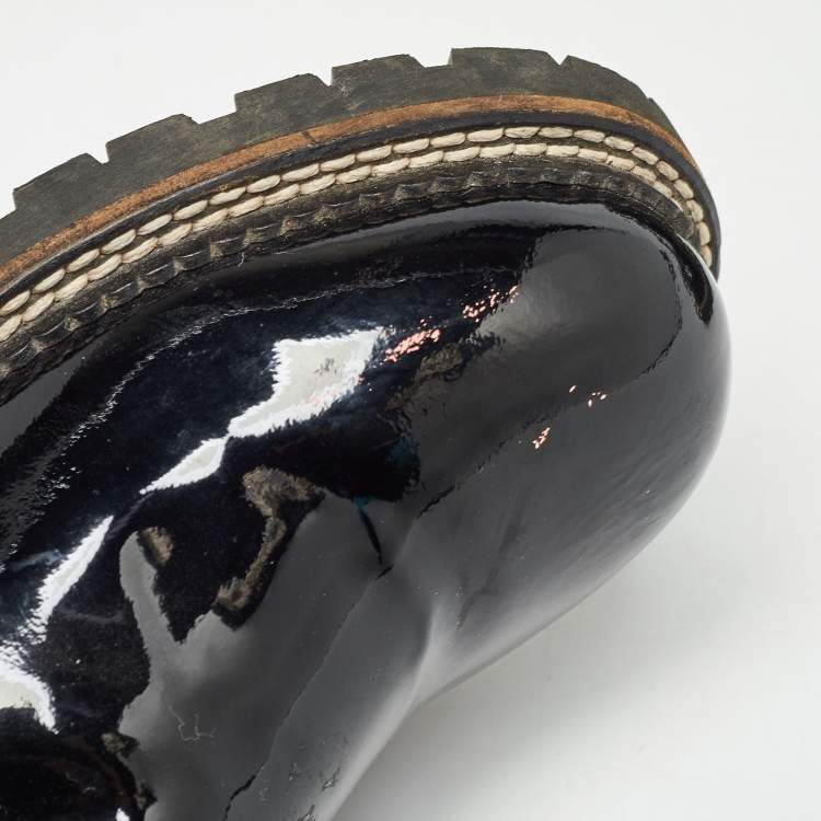 Pre Owned Chanel Black Patent Lace Up Oxfords Size 36.5