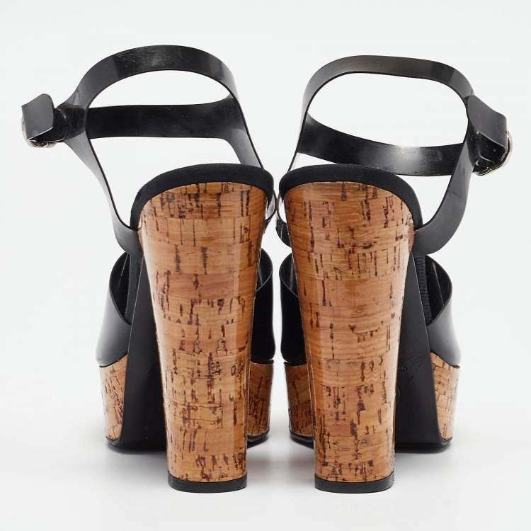 Pre Owned Chanel Black Jelly CC Cork Platform Ankle Strap Sandals Size 39