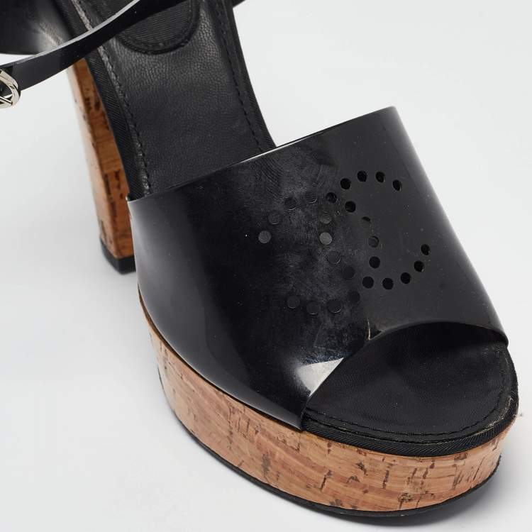 Pre Owned Chanel Black Jelly CC Cork Platform Ankle Strap Sandals Size 39