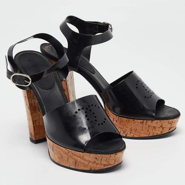 Pre Owned Chanel Black Jelly CC Cork Platform Ankle Strap Sandals Size 39