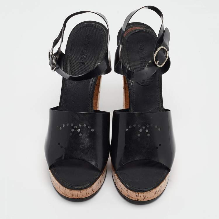 Pre Owned Chanel Black Jelly CC Cork Platform Ankle Strap Sandals Size 39