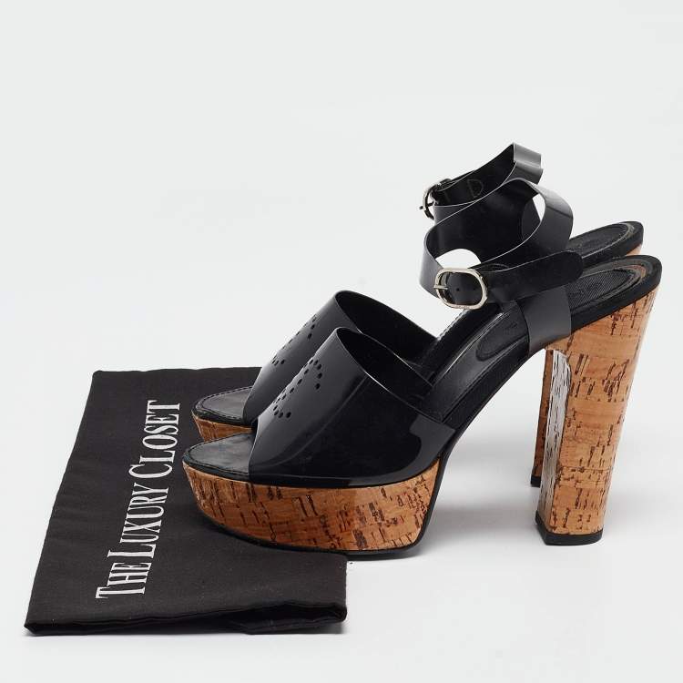 Pre Owned Chanel Black Jelly CC Cork Platform Ankle Strap Sandals Size 39
