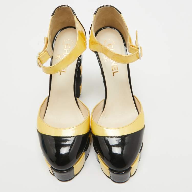 Pre Owned Chanel Yellow/Black Patent Leather Platform Ankle Strap Pumps Size 39