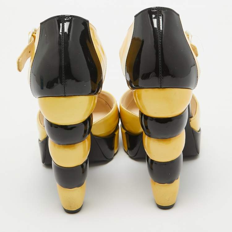 Pre Owned Chanel Yellow/Black Patent Leather Platform Ankle Strap Pumps Size 39