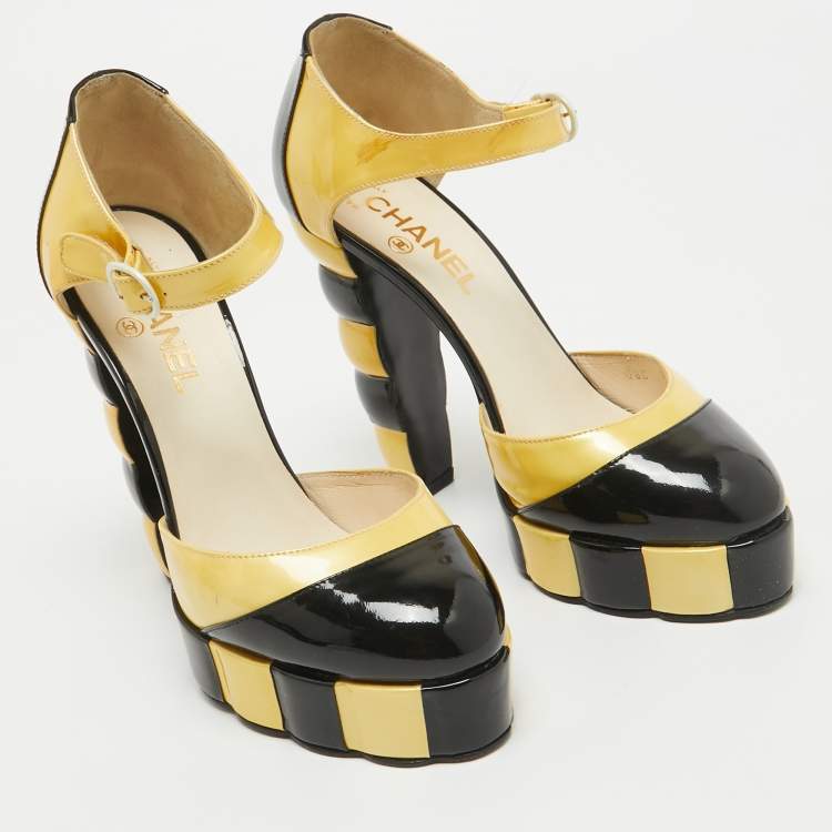 Pre Owned Chanel Yellow/Black Patent Leather Platform Ankle Strap Pumps Size 39