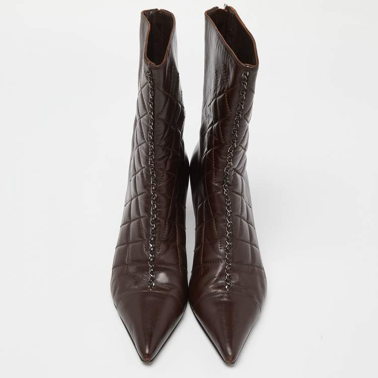 Pre Owned Chanel Brown Quilted Leather Chain Detail Pointed Toe Ankle Boots Size 40